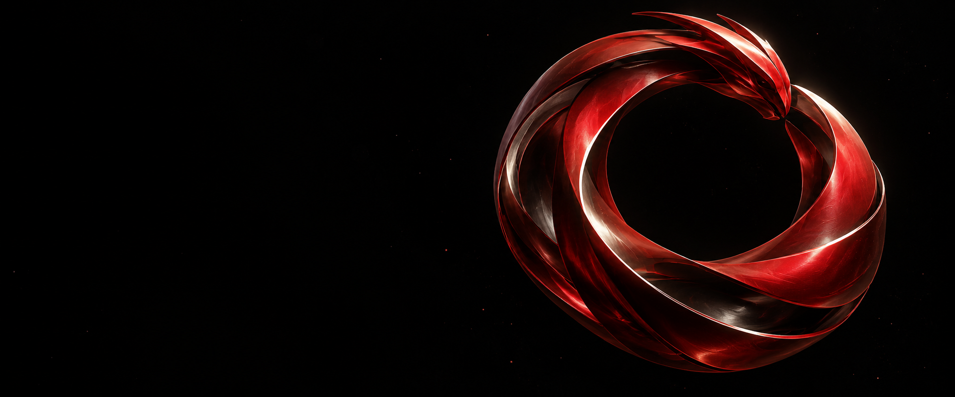 Sculptural red orbit representing the connected Mizora Perps workspace